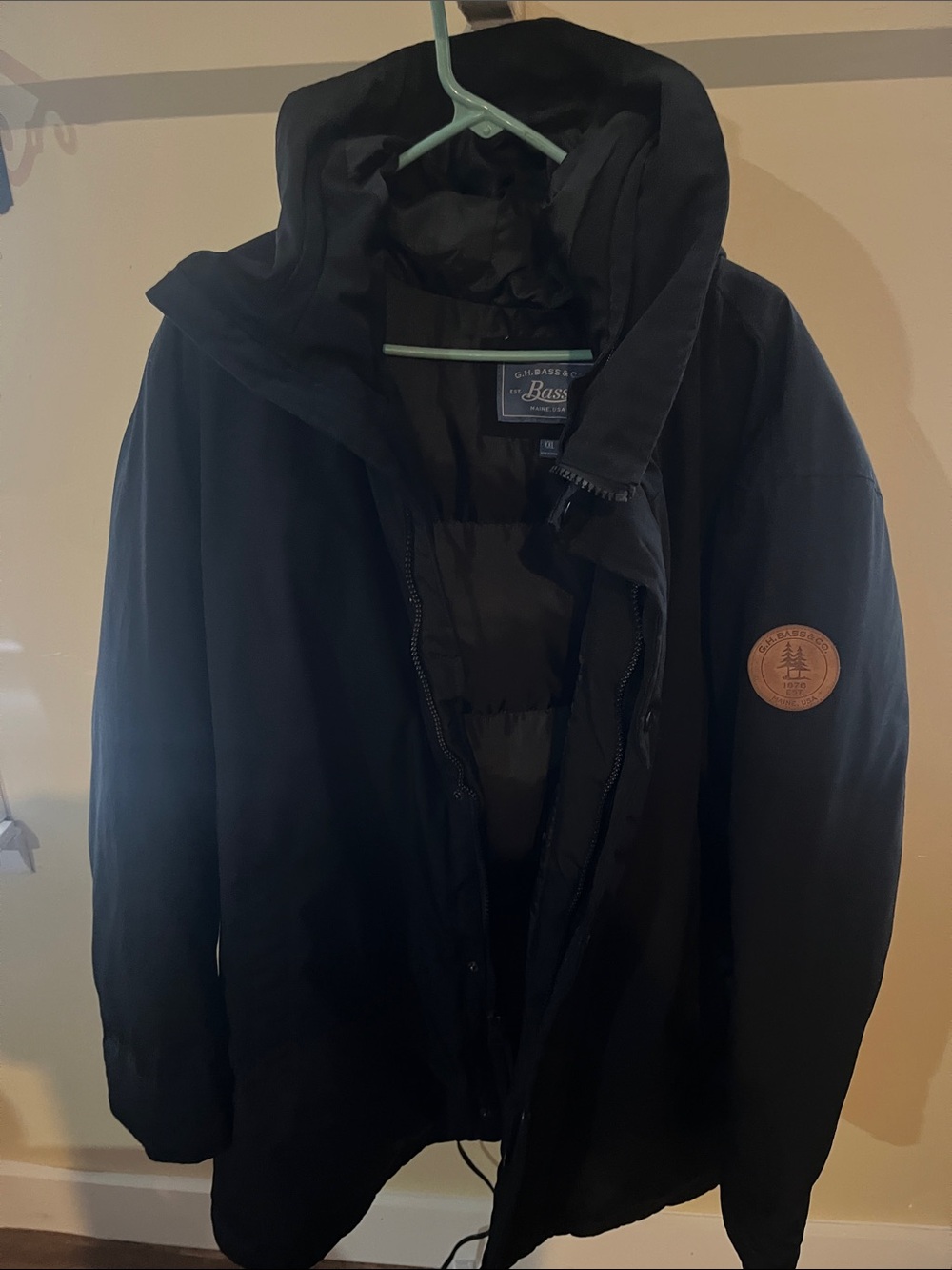 G.H. Bass & Co. Black Hooded Puffer Coat with Leather Patch